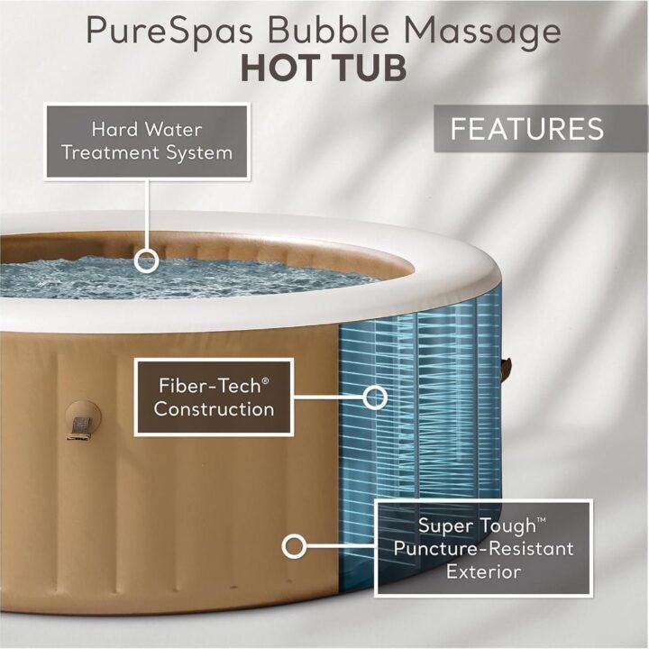 Intex: PureSpa: Sahara Tan Inflatable Hot Tub Set – 6 Person – 85 in. Round Outdoor Heated Bubble Spa, Jet Massage, Cover, Hard Water Treatment System