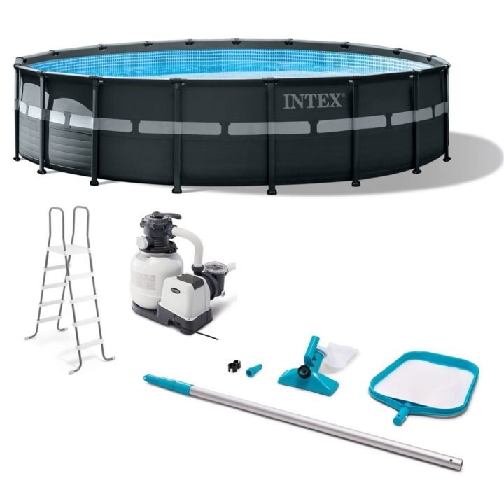 Intex Ultra XTR Frame 18′ x 52 in. Above Ground Swimming Pool with Sand Filter Pump, Ladder, Cover, & Maintenance Accessory Kit with Vacuum and Skimmer