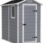 Keter Manor 4×6 Resin Outdoor Storage Shed Kit-Perfect to Store Patio Furniture, Garden Tools Bike Accessories, Beach Chairs and Lawn Mower, Grey & White