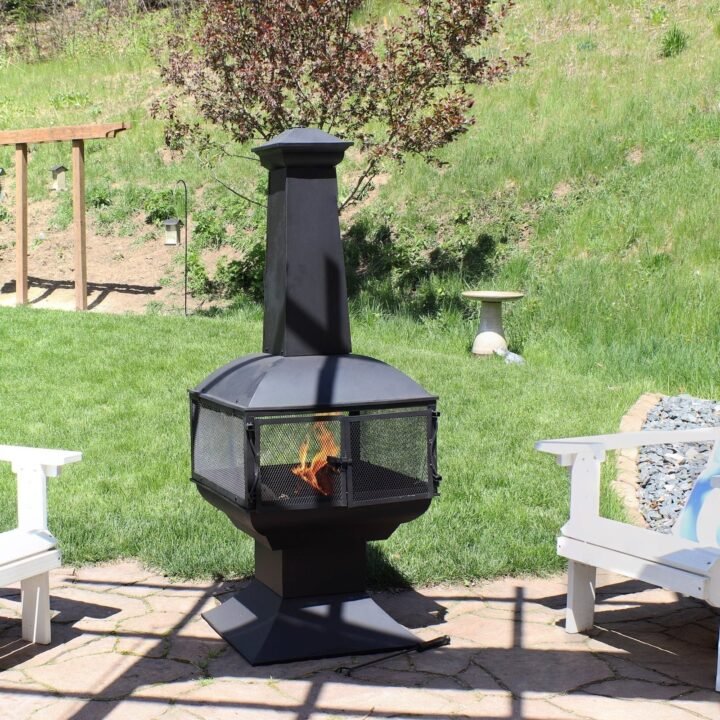 Sunnydaze 57 in. 360-Degree View Steel Wood-Burning Chiminea with Grate, Poker, and Cover