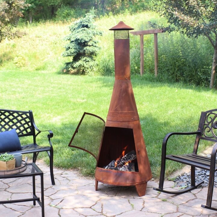Sunnydaze 70 in. Rust Patina Finish Steel Wood-Burning Chiminea with Spark Screen
