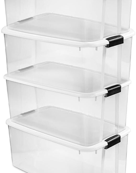 Sterilite 4-Pack Ultra Latching Box, Storage Bins with Lids, Clear Plastic, 116 Quart – Heavy-Duty Organizing Containers for Closet, Bathroom, and Office