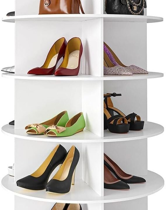 SpaceAid 7 Tier Rotating Shoe Rack Tower, Spinning Shoe Display Lazy Susan, Revolving 360 Shoe Rack Storage Round Carousel, Vertical Handbag Rotate Shoes Closet Organization (7-Tier White)