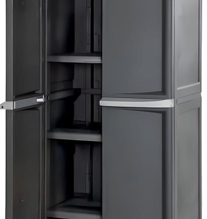 Sterilite 4 Shelf Cabinet, Heavy Duty and Easy to Assemble Plastic Storage Unit, Organize Bins in the Garage, Basement, Attic, Mudroom, Gray, 1-pack