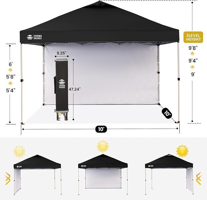 CROWN SHADES 10×10 Pop Up Canopy with 1 Side Wall – Beach Tent with One Push Setup – Outdoor Sun Shade for Events, Parties, Camping – Gazebo with STO-N-Go Cover Bag (Black) - Image 4