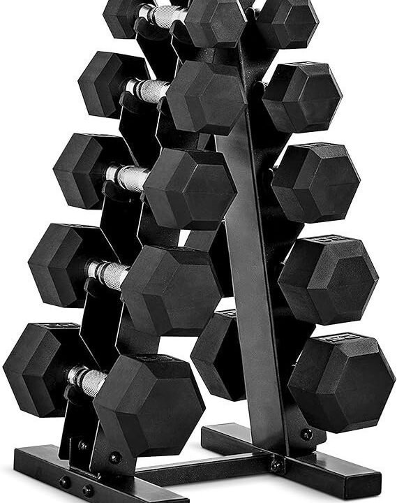 CAP Barbell Rubber Coated Dumbbell Weight Set with Vertical Rack | 100 lb, 150 lb, and 210 lb Options