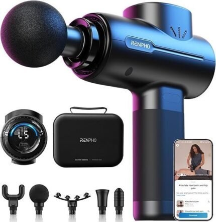 RENPHO Active+ Percussion Massage Gun, Mothers Day Gifts, 5 Adjustable Speeds for Back, Neck, Muscle Recovery – App Controlled Guided Courses, with Carry Case for Professional Athlete, Gym and Travel