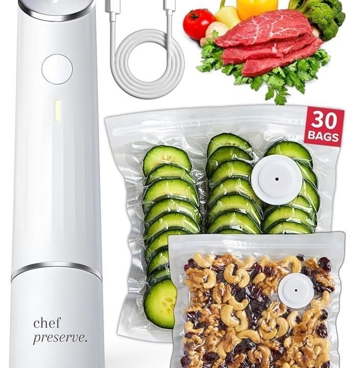 Chef Preserve Compact Vacuum Sealer for Food (Vacuum Sealer Machine + 30 Reusable Vacuum Bags) Powerful Handheld Vacuum Sealer Machine, Seal Meal Saver, Portable Food Sealer