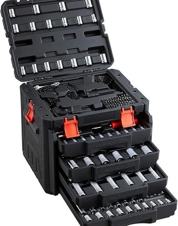 VEVOR Mechanics Tool Set and Socket Set, 1/4″ 3/8″ 1/2″ Drive Deep and Standard Sockets, 450 Pcs SAE and Metric Mechanic Tool Kit with Bits, Combination Wrench, Hex Wrenches, Accessories, Storage Case