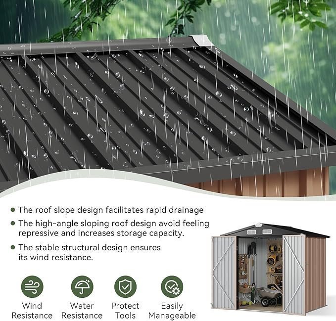 Aoxun 6.2×4 FT Shed Outdoor Storage Shed with Lockable Doors & Slooping Roof Metal Garden Tool Shed for Backyard, Patio, Poolside (Brown) - Image 3