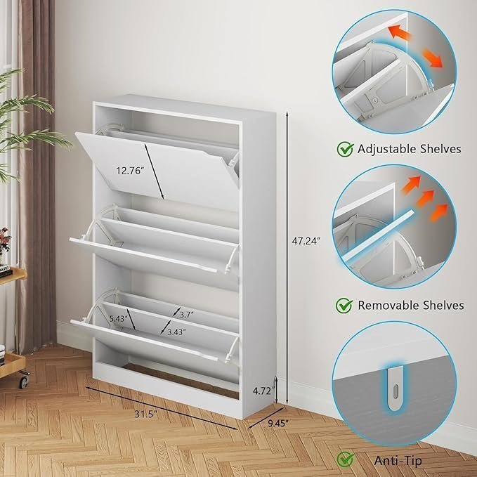 BORNOON Shoe Cabinet with 3 Flip Drawers, Hidden Wood Shoe Cabinet,Freestanding Shoe Storage Cabinet for Entryway Hallway.White. 47.2″ H*31.5″ W*9.45″ D. - Image 5