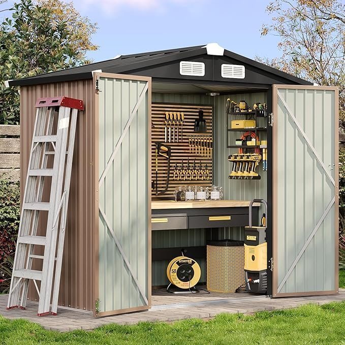 Aoxun 6.2×4 FT Shed Outdoor Storage Shed with Lockable Doors & Slooping Roof Metal Garden Tool Shed for Backyard, Patio, Poolside (Brown)