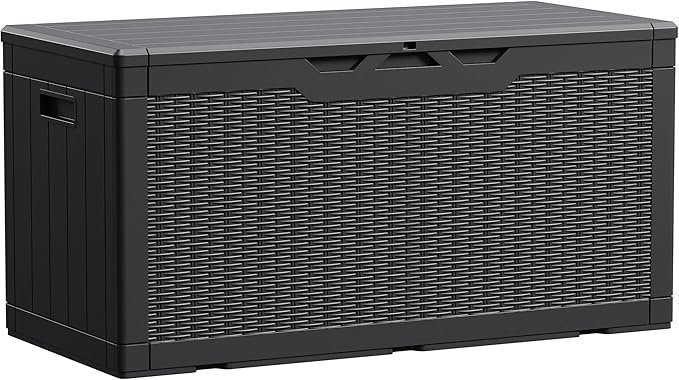 Devoko 100 Gallon Waterproof Large Resin Deck Box Indoor Outdoor Lockable Storage Container for Patio Furniture Cushions Garden Tools (100 Gallon, Black)