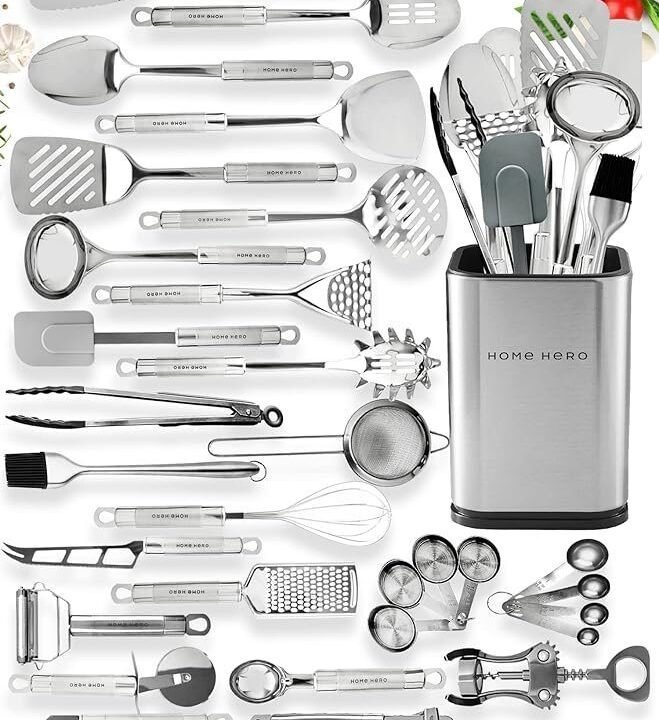 Home Hero 54-Piece Stainless Steel Kitchen Utensils Set – Heat-Resistant Nonstick Silicone & Stainless Steel Cooking Utensils – Complete Tools with Slotted Spoon & Pasta Spoon – Pack of 54, Silver