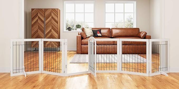 PAWLAND 144-inch Extra Wide 30-inches Tall Dog gate with Door Walk Through, Freestanding Wire Pet Gate for The House, Doorway, Stairs, Pet Puppy Safety Fence, Support Feet Included, White,6 Panels