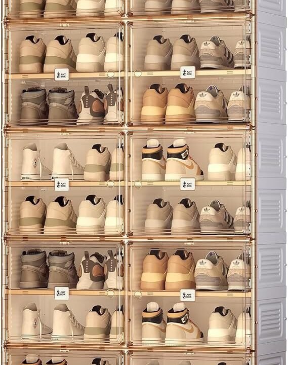 ANTBOX Portable Shoe Rack Organizer for Closet Entryway, Stackable Sneaker Storage Shoe Cabinet with Magnetic Clear Door, Large Plastic Storage containers Bins with Lids 10 Tiers 40 Pairs