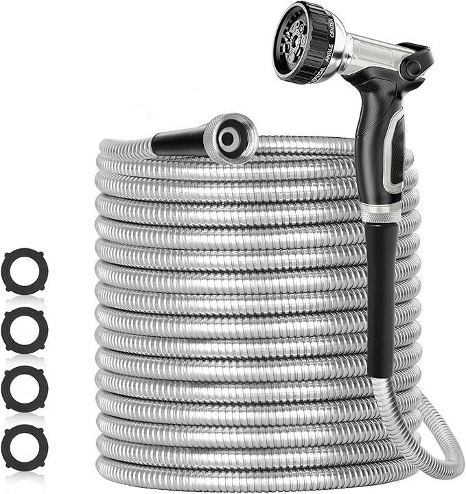 SPECILITE 200ft 304 Stainless Steel Garden Hose Metal, Heavy Duty Water Pipe with Nozzles for Yard, Outdoor – Flexible, Never Kink & Tangle, Puncture Resistant (Sliver)